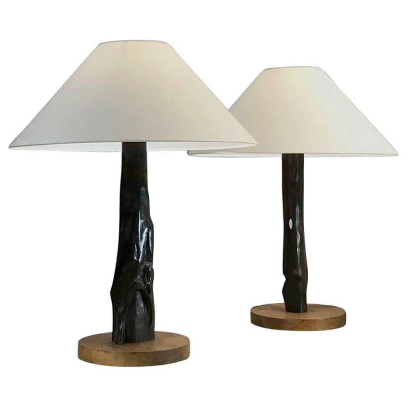 A Pair of GIANT SCULPTURAL Wood TABLE LAMPS, NAKASHIMA NOLL Style, France, 1950 For Sale