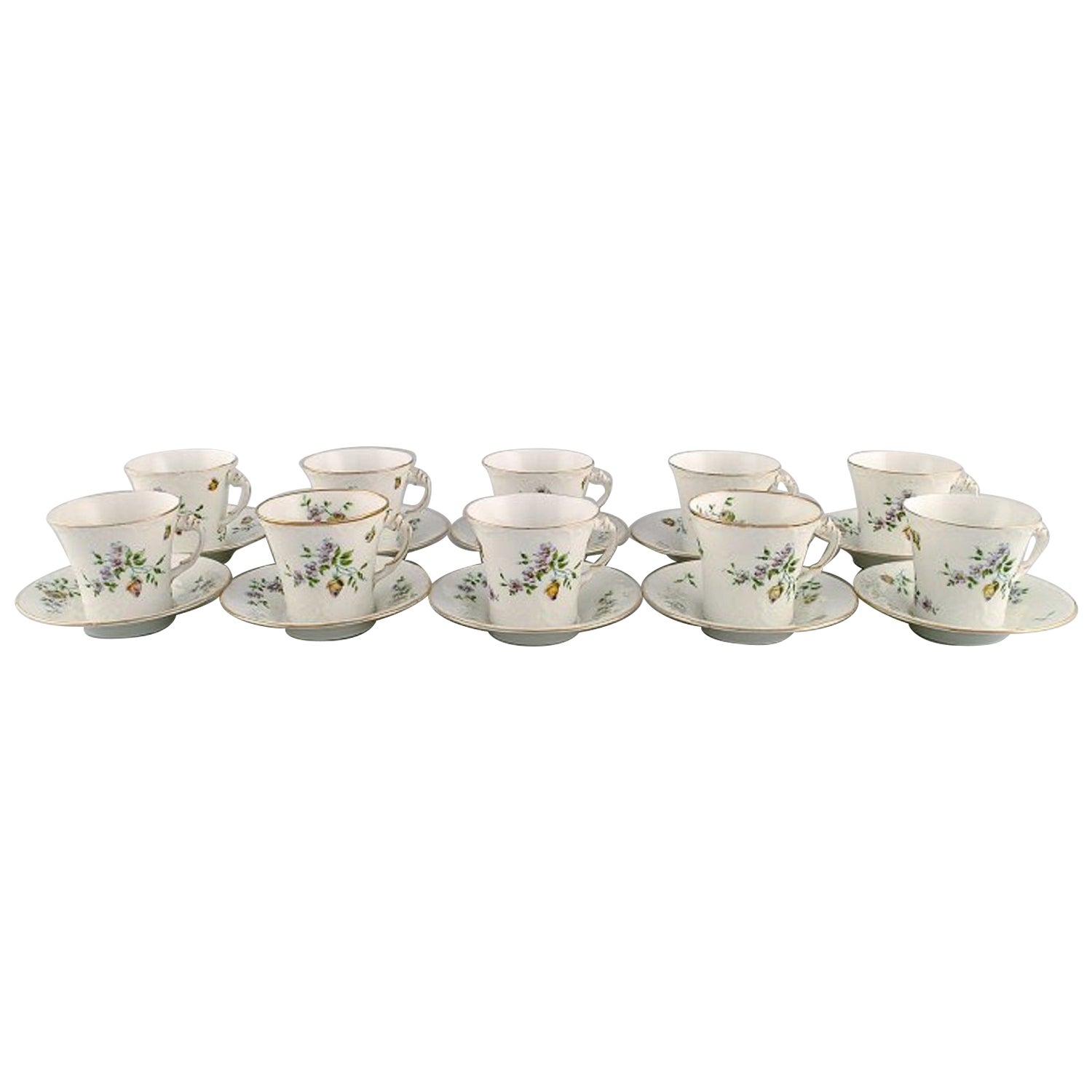 10 Rörstrand coffee cups with saucers in hand-painted porcelain. For Sale