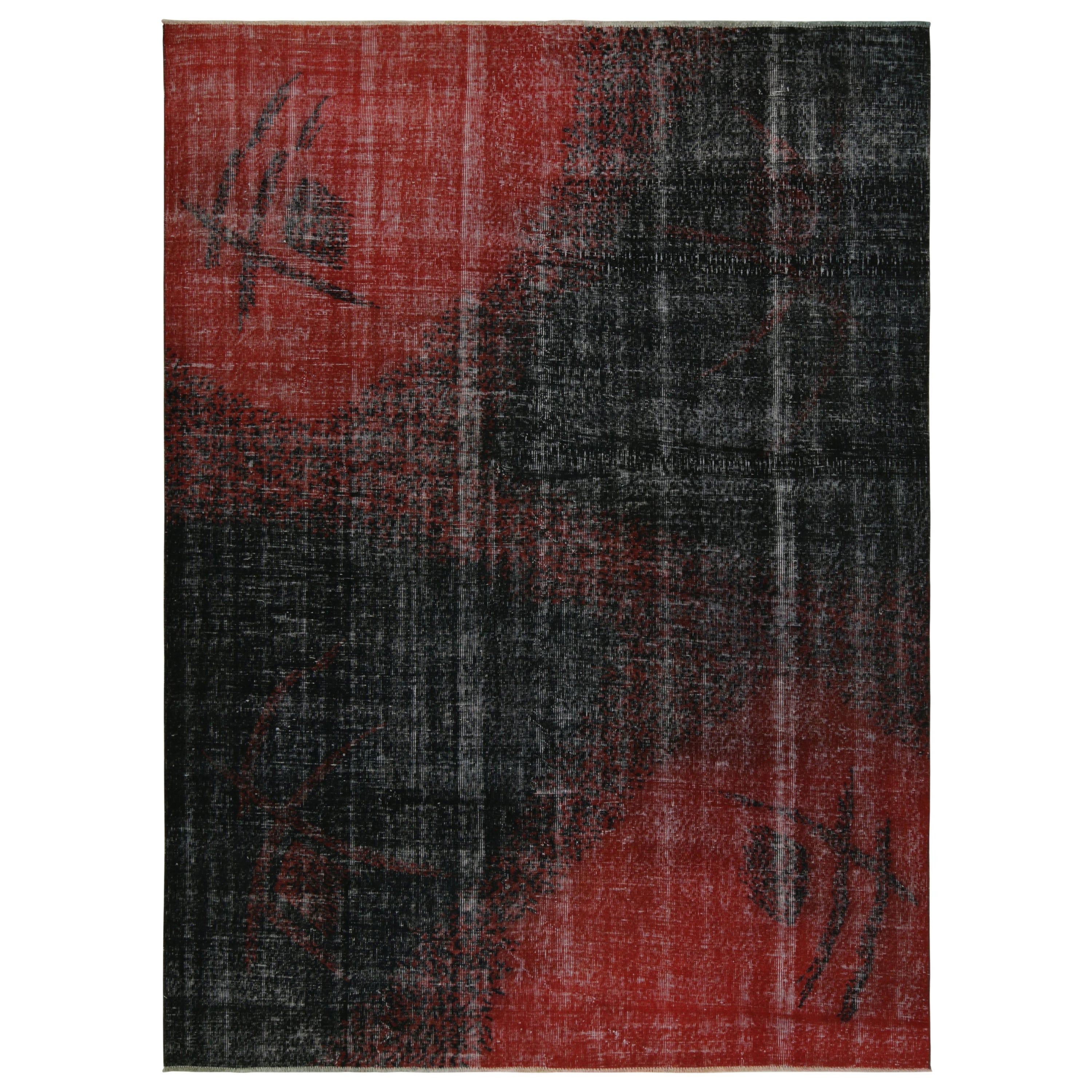 Vintage Distressed Zeki Müren Rug in Red and Black Deco Pattern, by Rug & Kilim