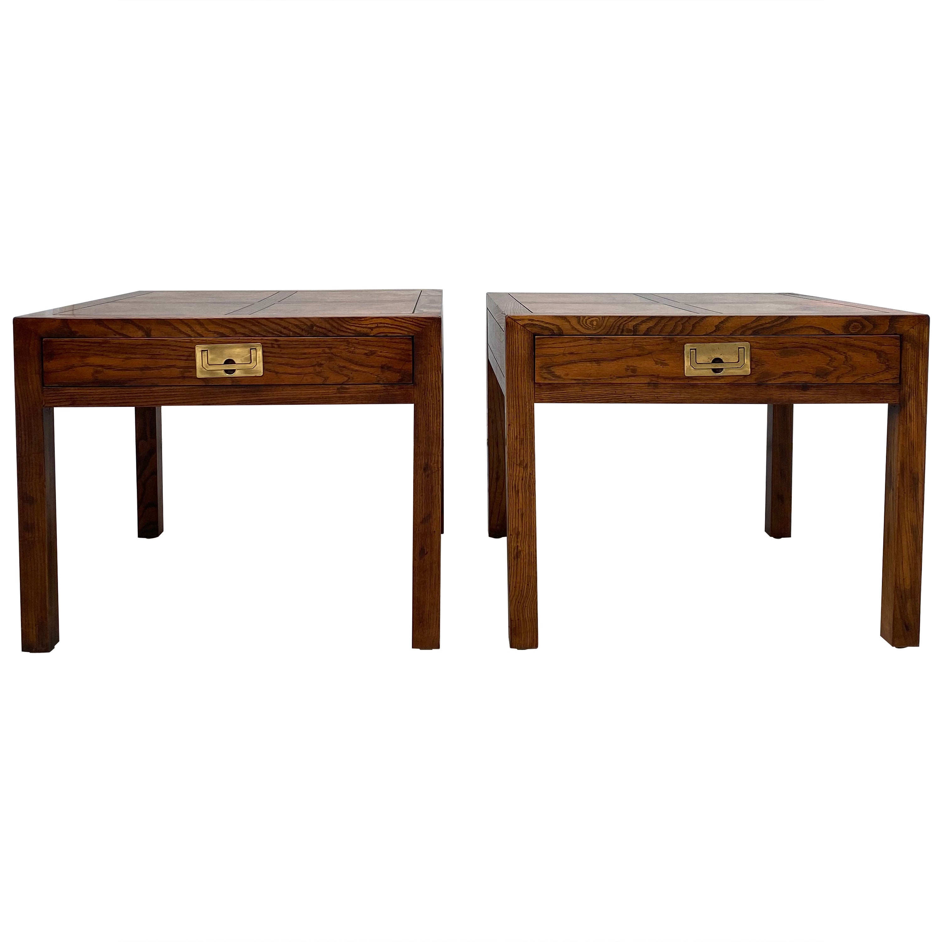 Pair of Henredon Parquetry Top Burl Walnut Campaign End Tables