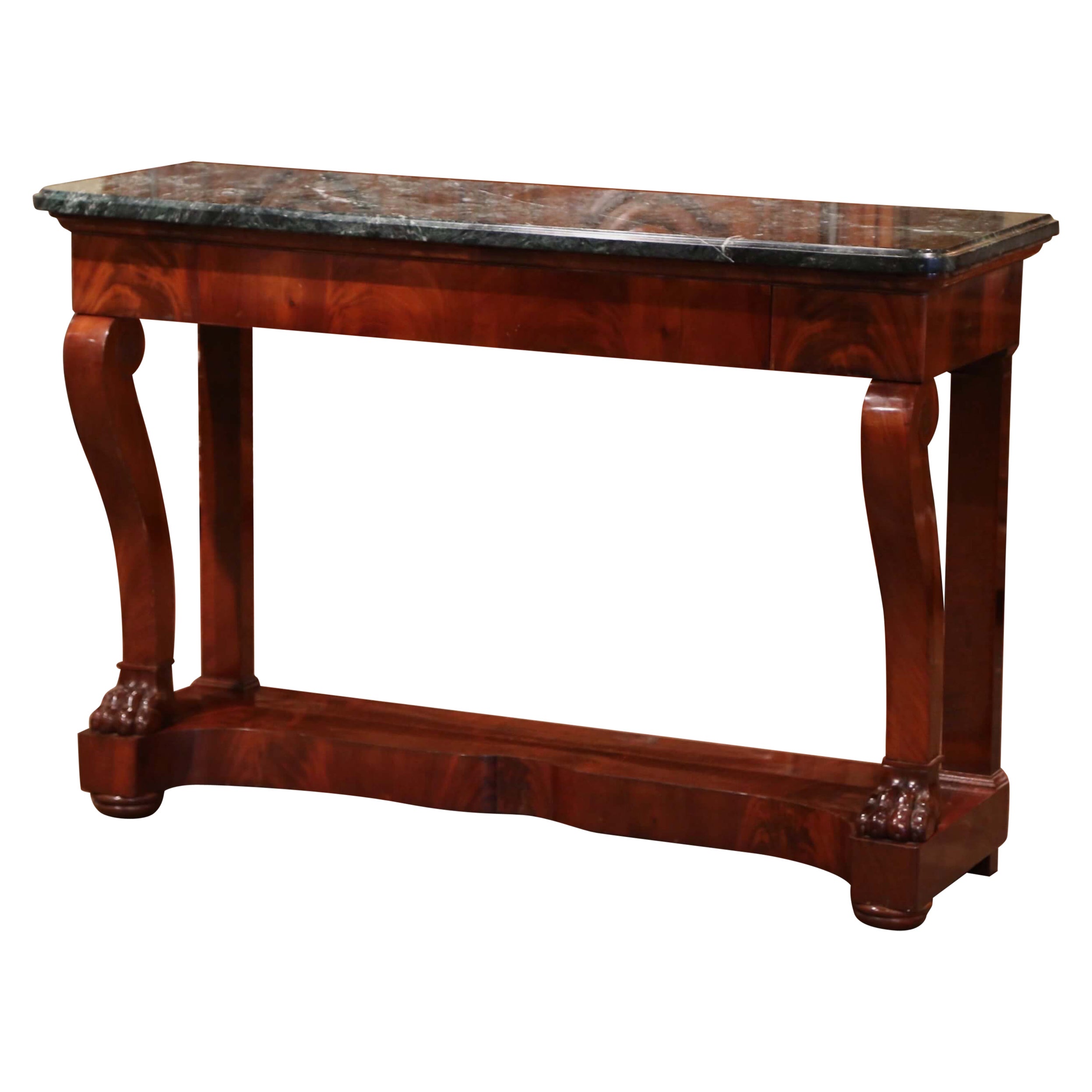 Console Empire française du 19ème siècle avec plateau en marbre vert et acajou sculpté