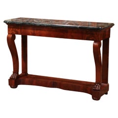 19th Century French Empire Green Marble Top Carved Mahogany Console Table