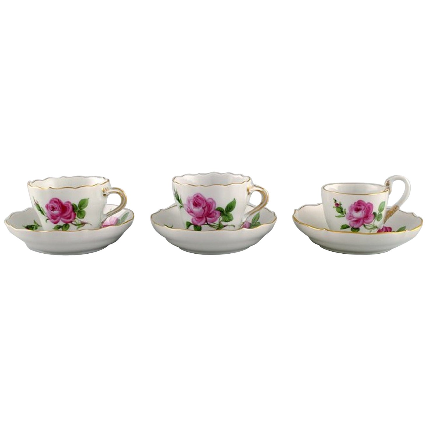 Meissen Pink Rose. Three coffee cups with saucers in hand-painted porcelain. For Sale