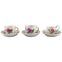 Antique Meissen Pink Rose. Three coffee cups with saucers in hand-painted porcelain.