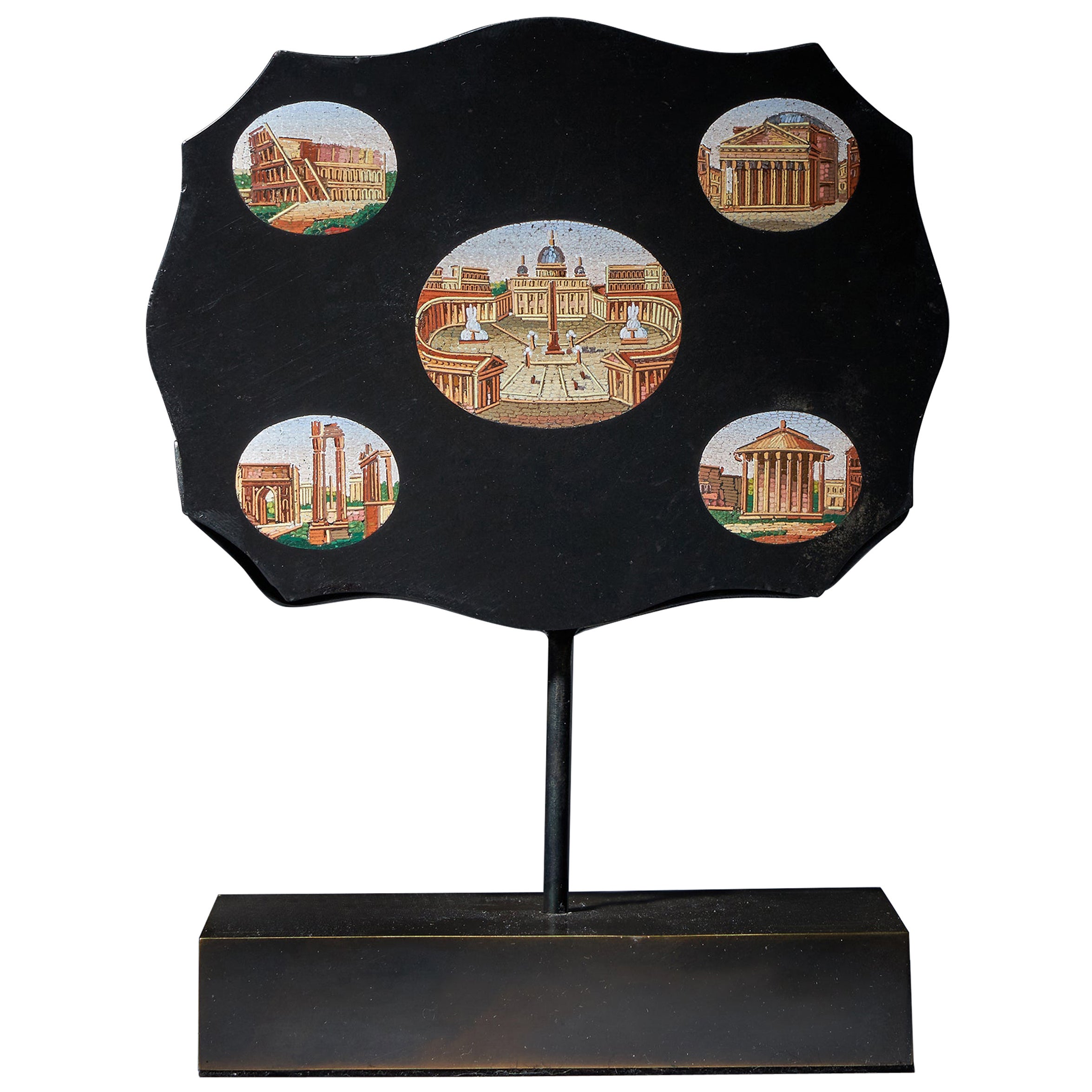 Grand Tour Micro Mosaik-Tablett aus dem 19. Jahrhundert, das italienische Architektur darstellt