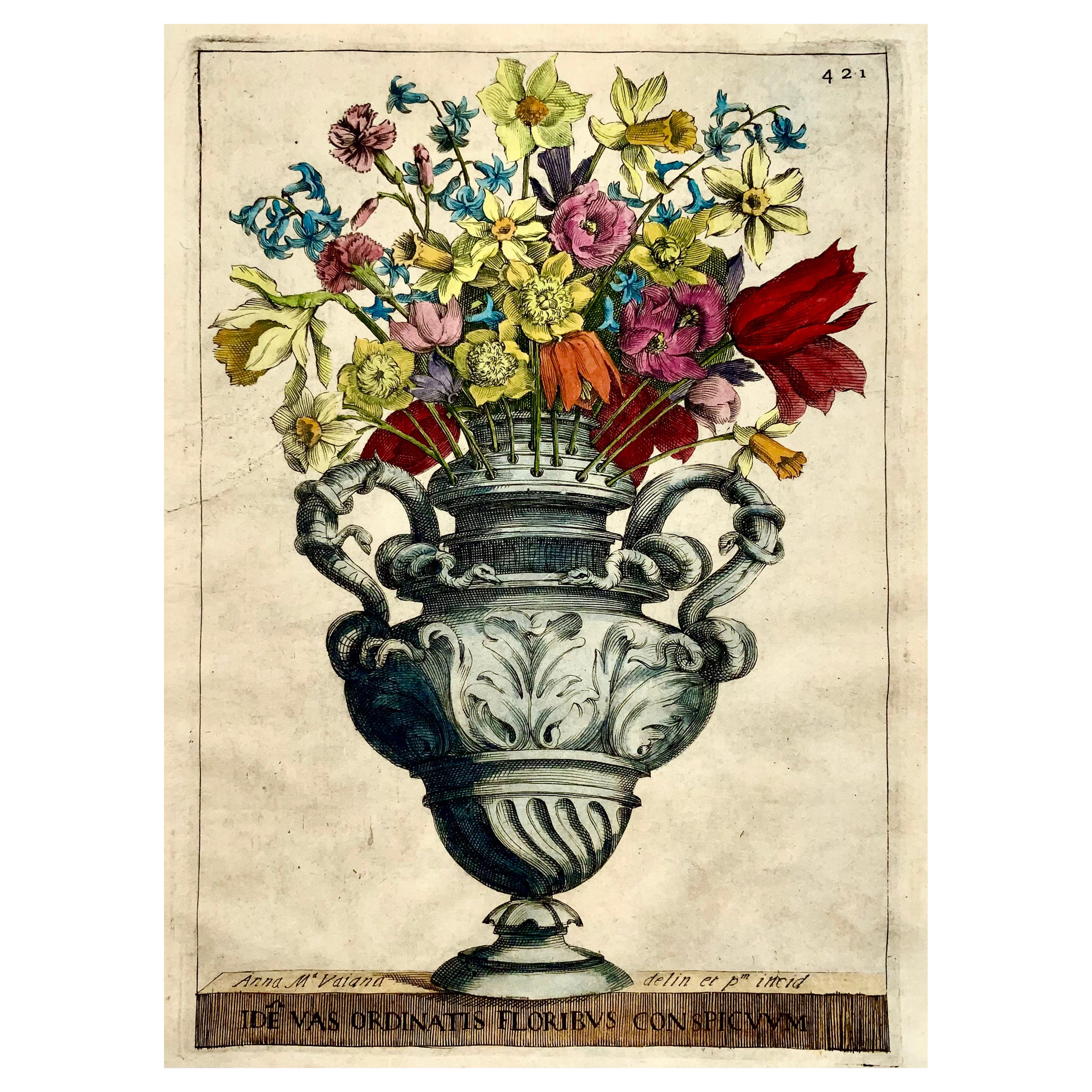 Anna Vaiana, Floral Bouquet in Vase, Quarto Engraving, Botany For Sale