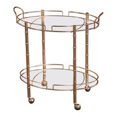Mid-Century French Polished Brass Two-Tier Service Bar Cart Bagues Style