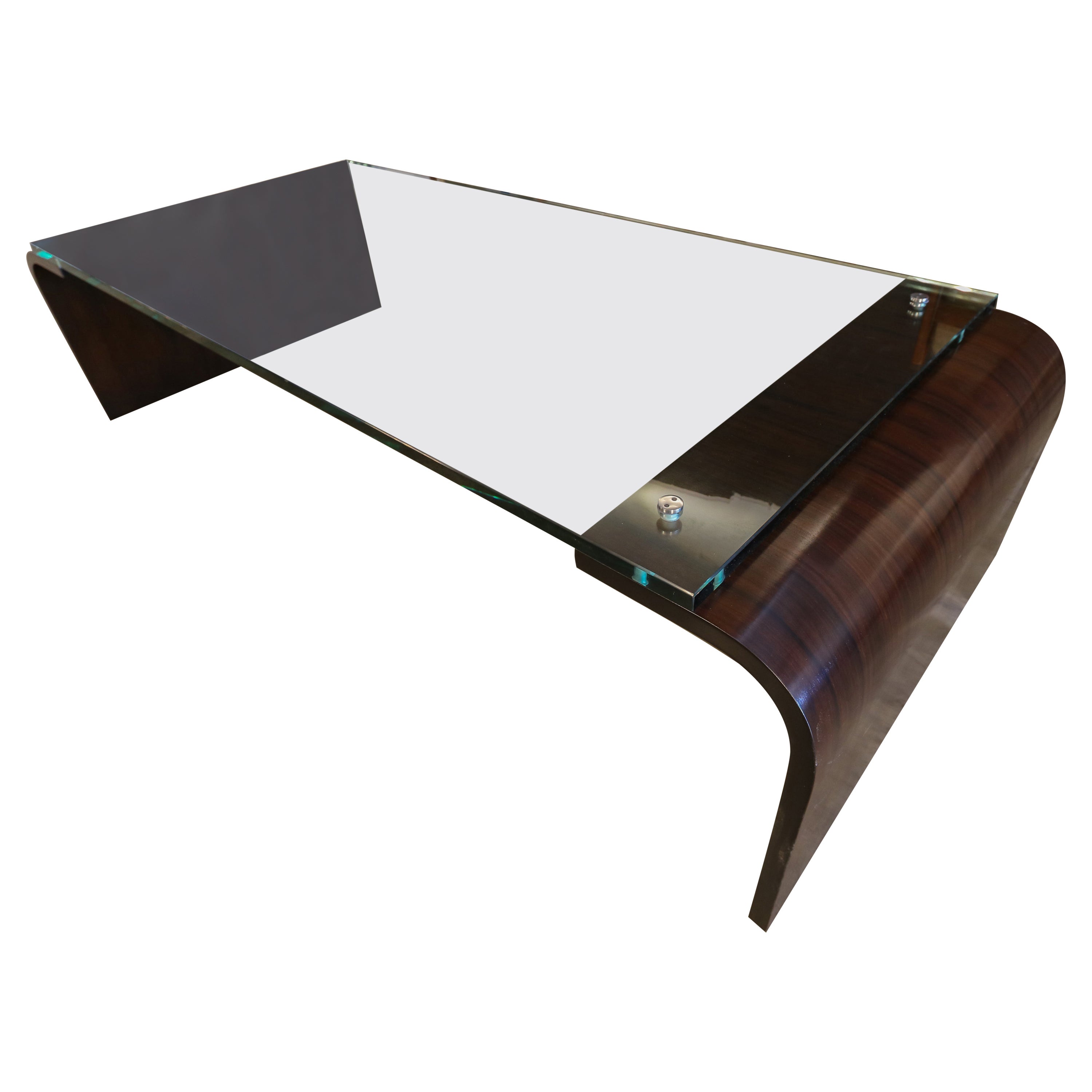 Grande table basse rectangulaire en bois de rose et verre faite sur-mesure par Adesso Imports