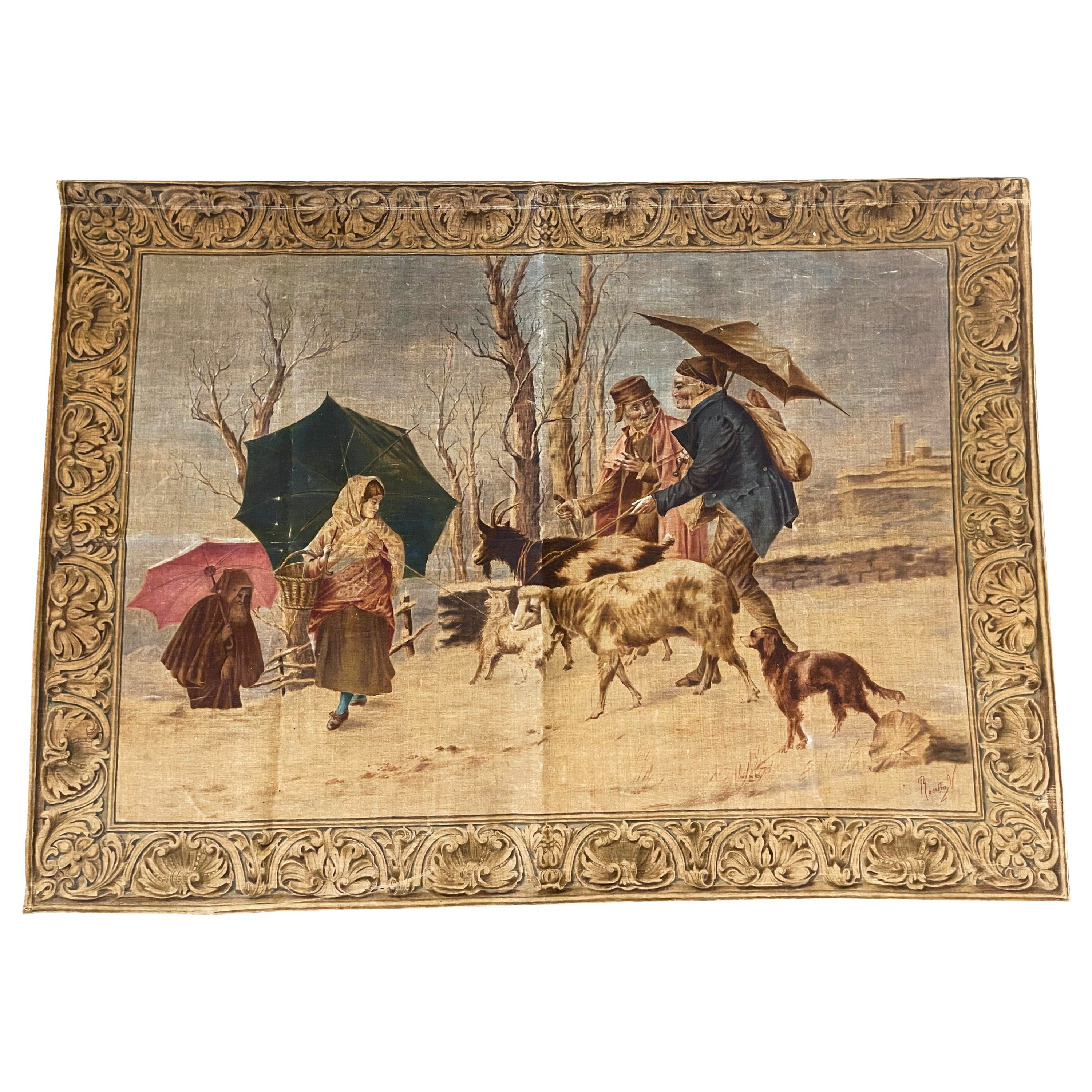 19th Century French Hand Painted Pastoral Canvas Tapestry Signed Rosetta V. For Sale