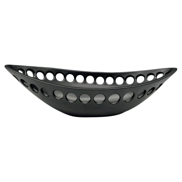 Large Black Oblong Ceramic Centerpiece Fruit Bowl with Satin Glaze, in