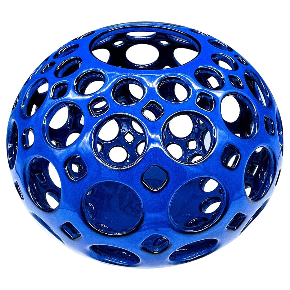 Large Pierced Ceramic Tabletop Orb Sculpture, Cobalt Blue