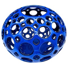 Large Pierced Ceramic Tabletop Orb Sculpture, Cobalt Blue