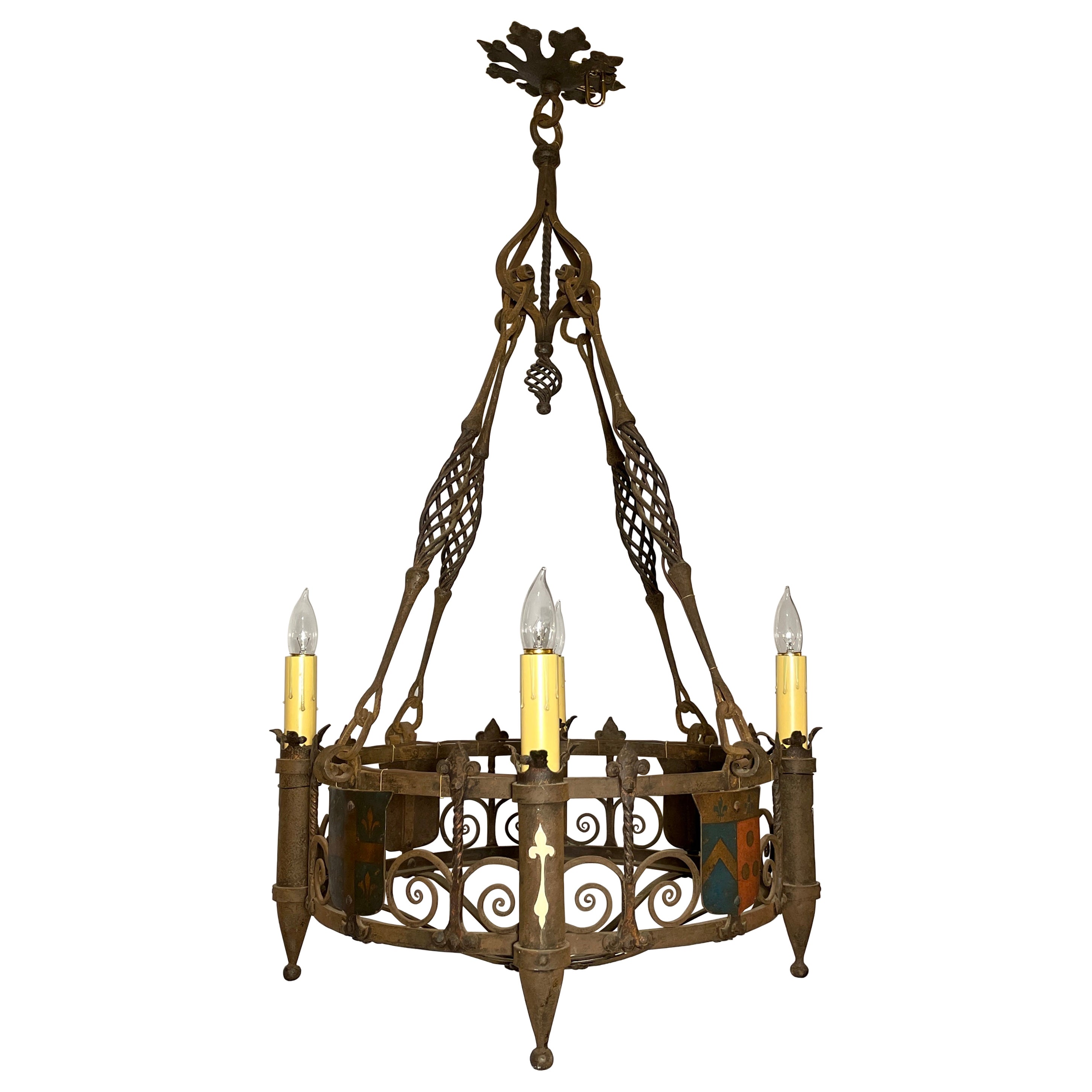 Antique French Wrought Iron 4 Light Chandelier, Circa 1880 For Sale