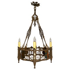 Antique French Wrought Iron 4 Light Chandelier, Circa 1880