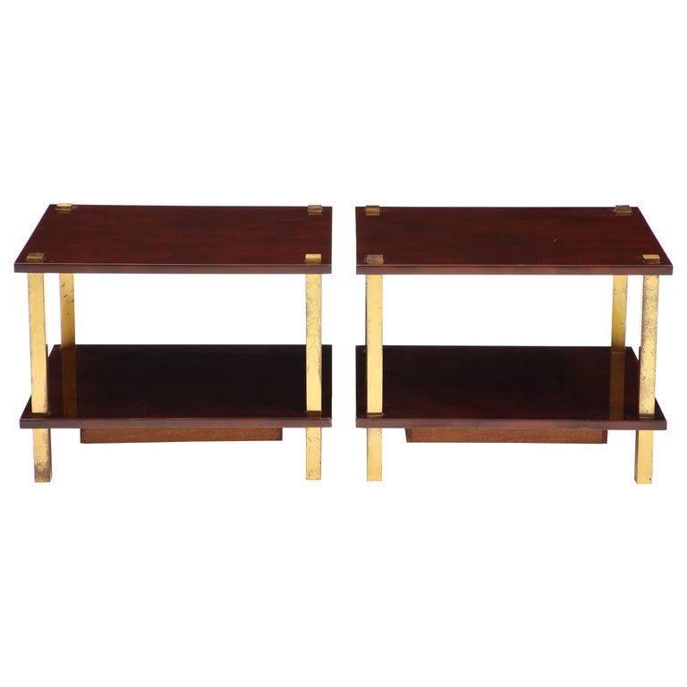 Chic Pair French Lacquered Wood and Gilt Bronze Side Tables For Sale