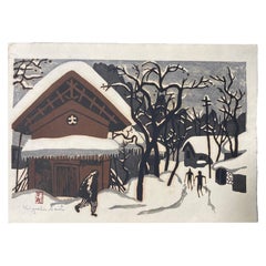 Kiyoshi Saito: „Winter in Aizu The Skiers“, signiert und mit japanischem Holzschnitt versehen