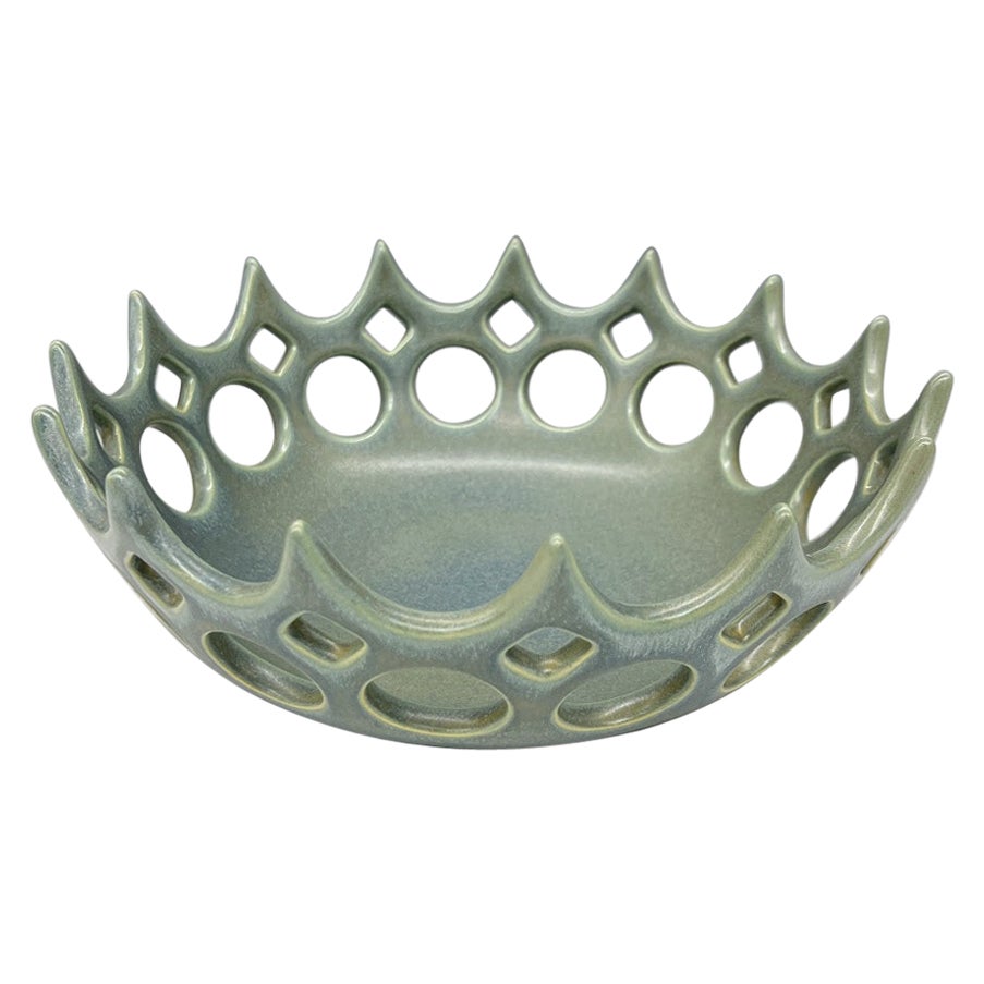 Blue/Green Pierced Cylindrical Ceramic Fruit Bowl For Sale