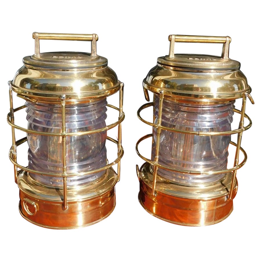 Pair of Brass Beacon Lanterns with Exterior Cages & Fresnel Lenses, NY C. 1900