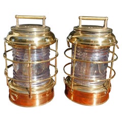 Antique Pair of Brass Beacon Lanterns with Exterior Cages & Fresnel Lenses, NY C. 1900