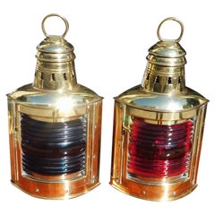 Antique Pair of Brass Port & Starboard Ship Lanterns with Fresnel Lenses, NY, Circa 1900