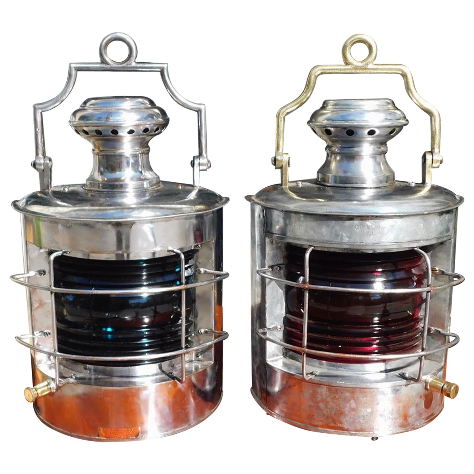 Pair of American Nautical Polished Steel and Brass Ship Lanterns, NY C. 1880  For Sale