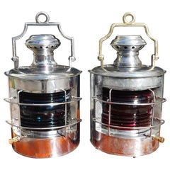 Pair of American Nautical Polished Steel and Brass Ship Lanterns, NY C. 1880 