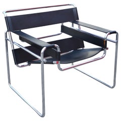Retro Knoll International Wassily Chair by Marcel Breuer Black Leather