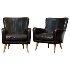 French Mid-Century Club or Lounge Chairs of Black Leather