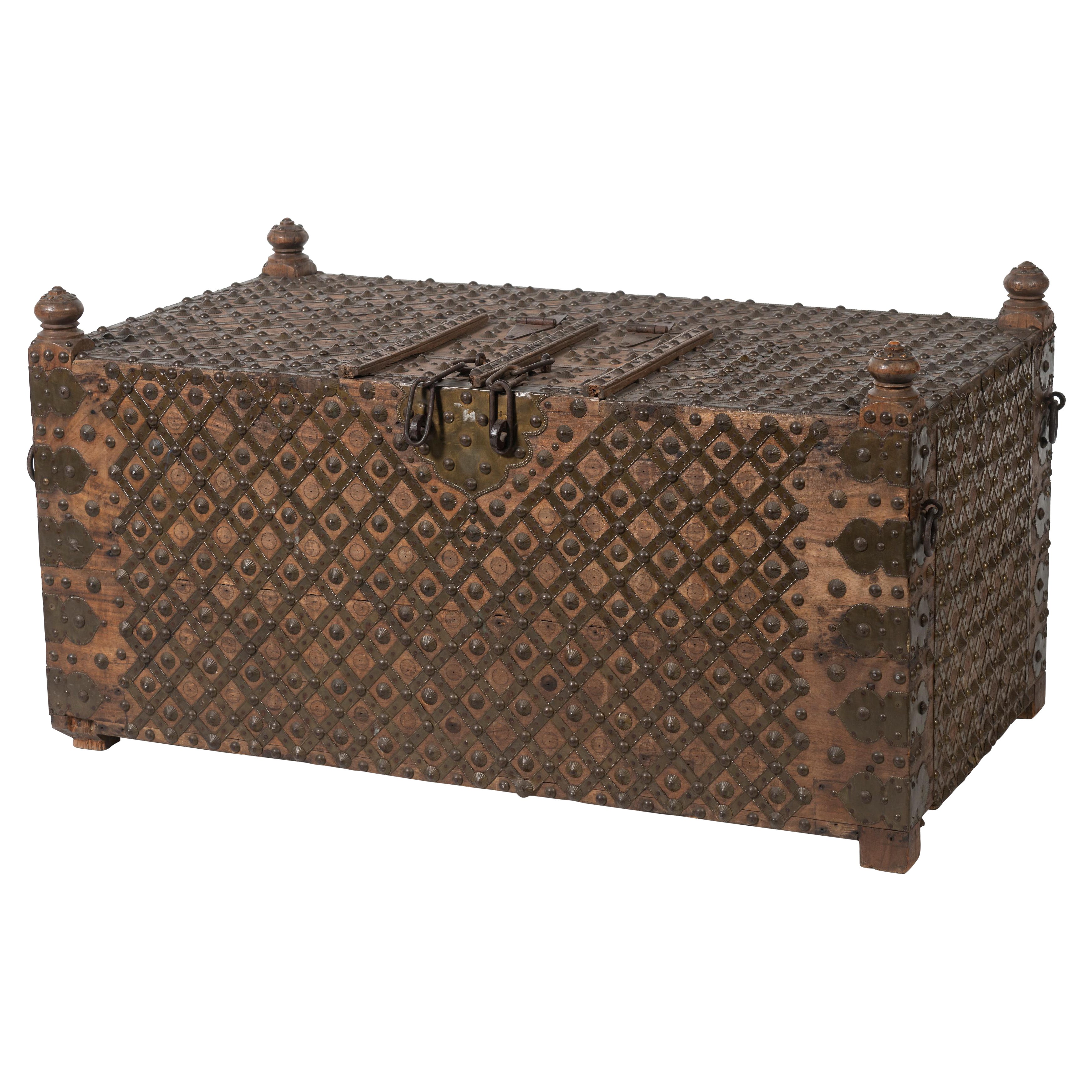 19th Century Chest Wrapped in Iron Straps with Brass Studs, India For Sale