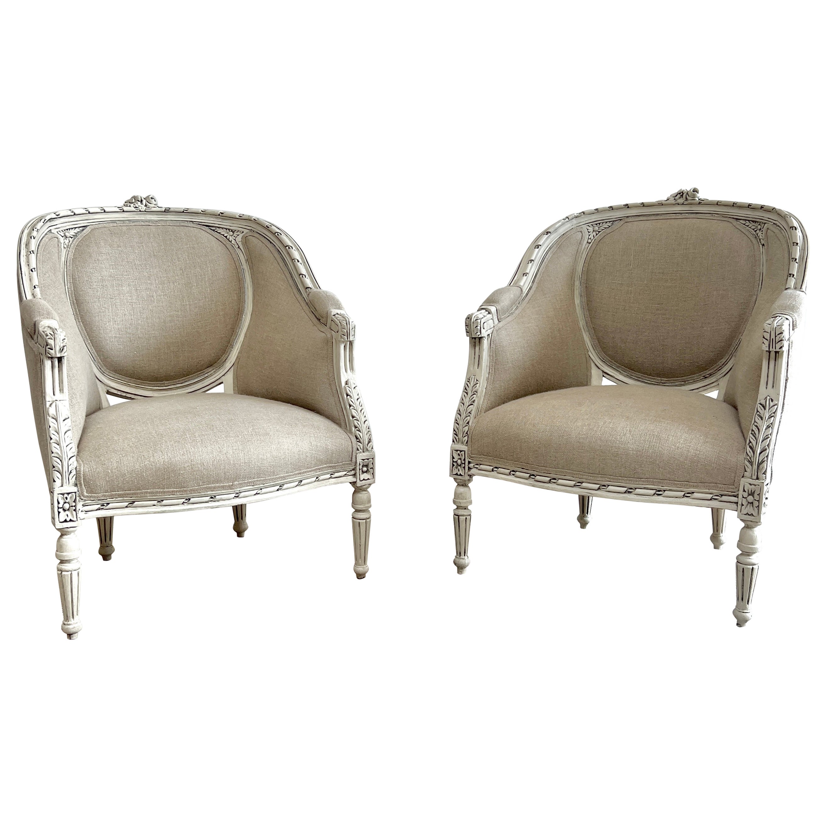 French Inspired Upholstered Linen Bergère Chairs For Sale at 1stDibs