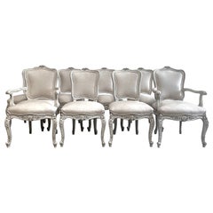Set of 8 Antique French Louis XV Style Dining Chairs in Irish Oatmeal Linen