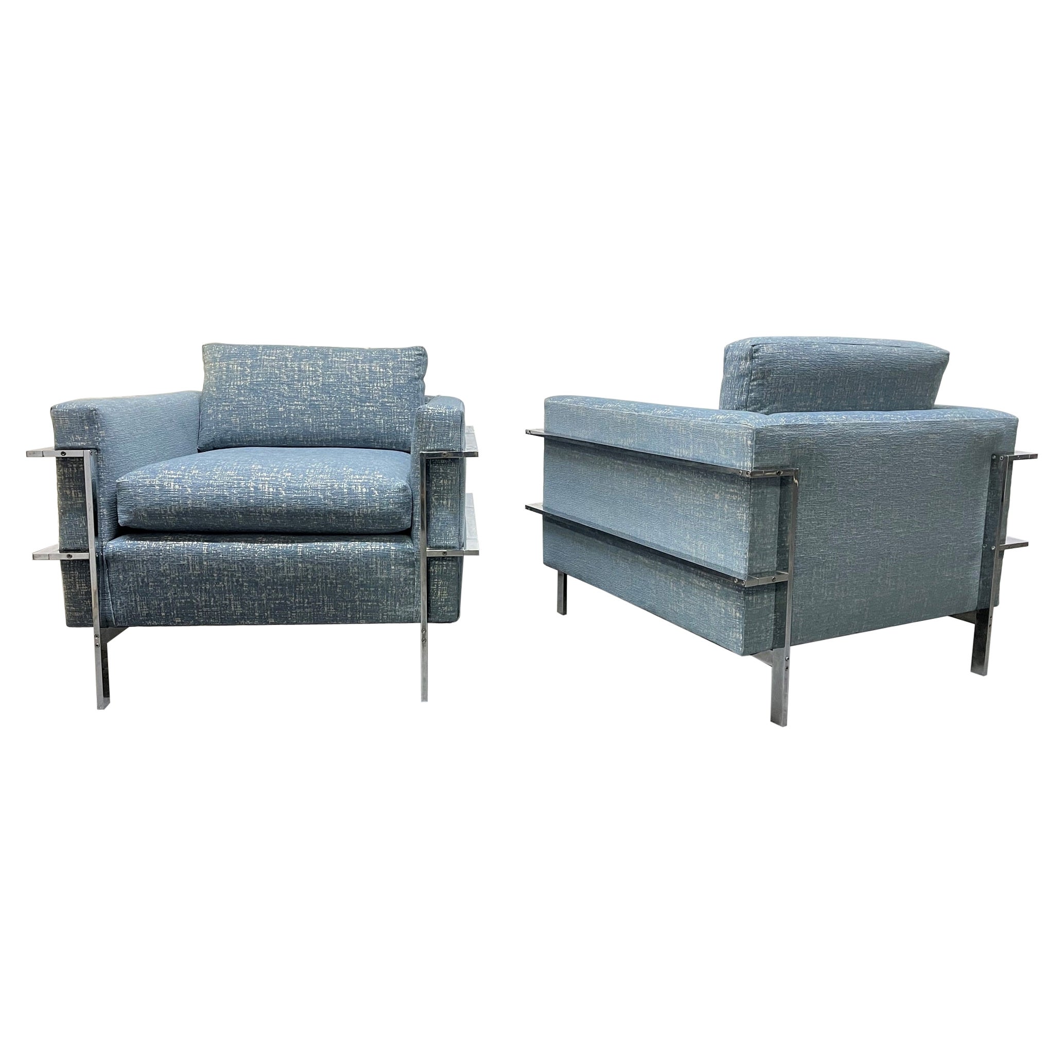  Mid Century Modern Pair Flat Bar Chrome Lounge Chairs For Sale