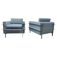  Mid Century Modern Pair Flat Bar Chrome Lounge Chairs