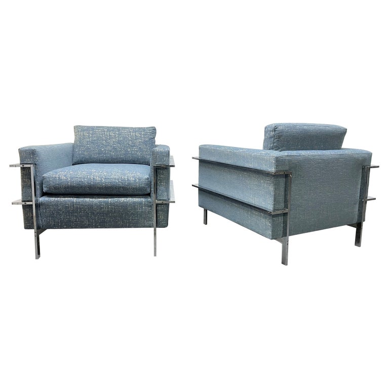 Mid Century Modern Pair Flat Bar Chrome Lounge Chairs For Sale at 1stDibs