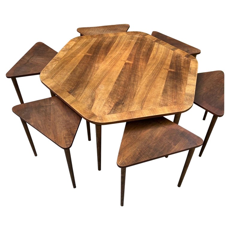 MidCentury Modern Hexagonal Coffee Table + Six Nesting Tables For Sale