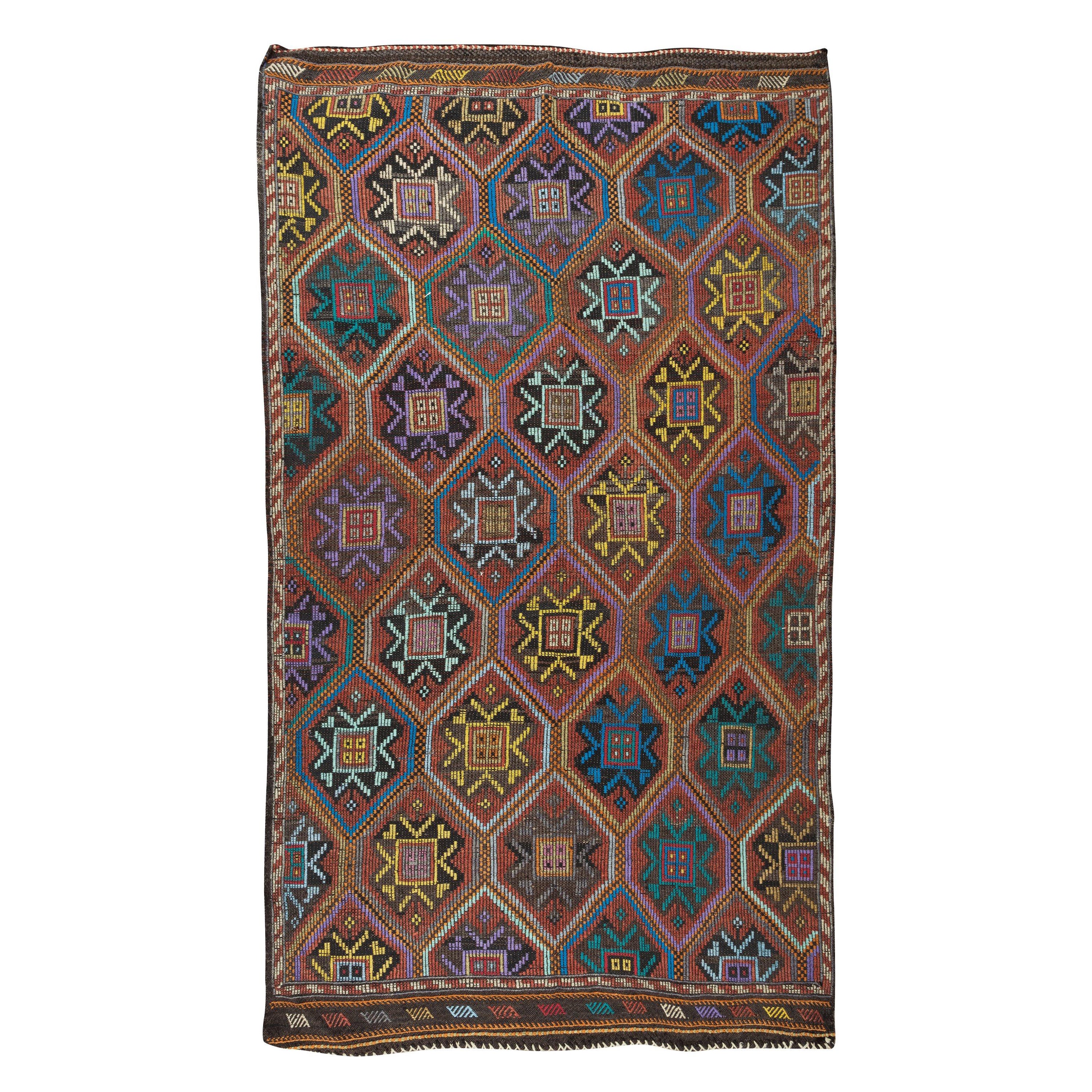 6x10 ft Colorful Turkish Jajim Kilim, Unique Late-20th Century Rug Made of Wool For Sale
