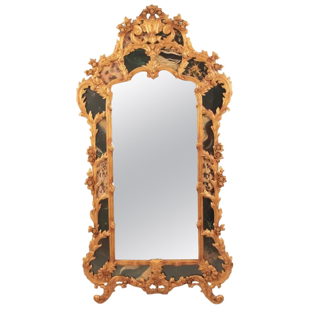 Monumental Rococo Gold Gilt and Faux Marble Wall Mirror For Sale