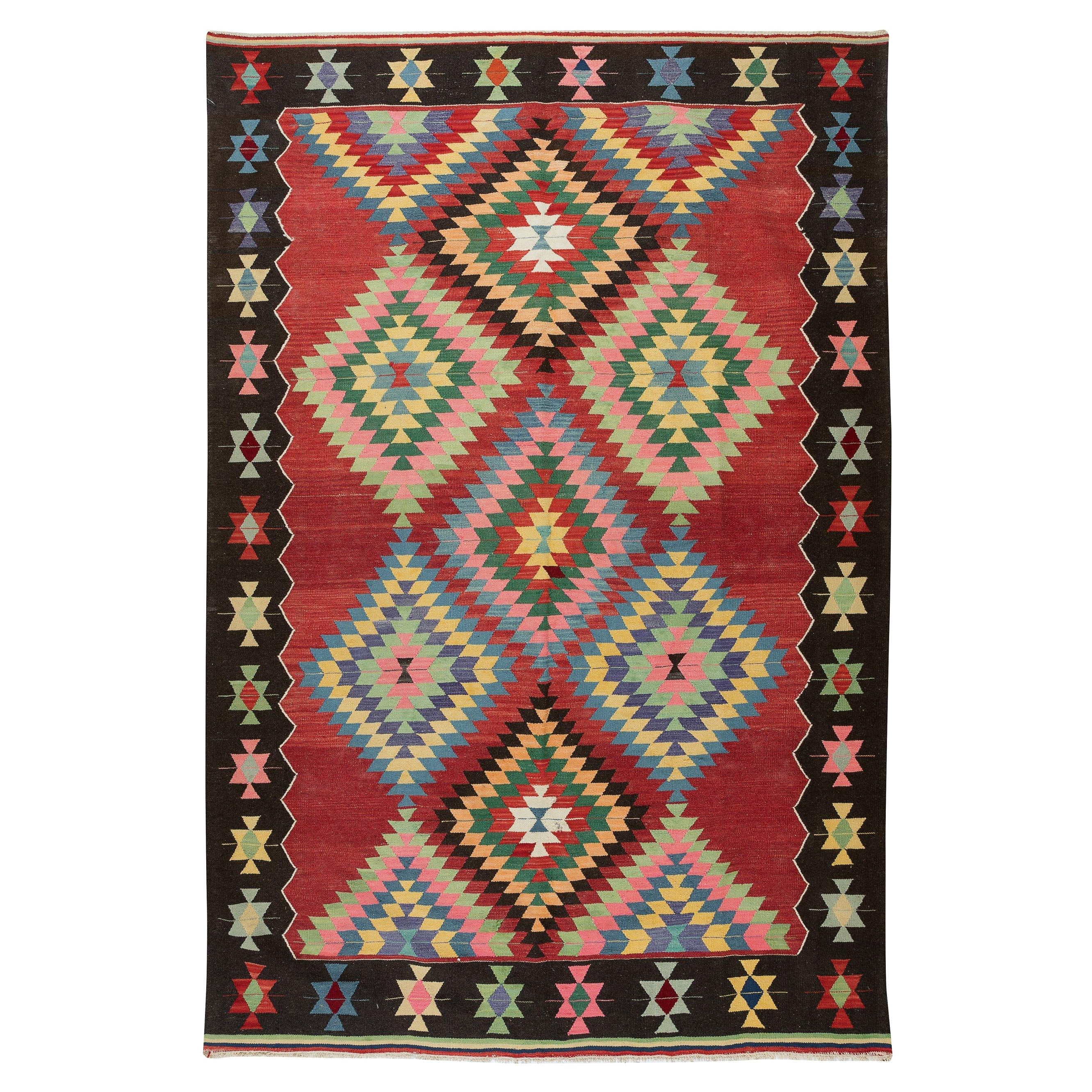 farbenfroher handgewebter Vintage-Kelim-Teppich aus türkischer Wolle mit geometrischem Design, 6x8.7 m