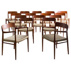 Niels Otto Moller Teak & Paper Cord Dining Chairs Model 56 & 75 Set of 16, 1960