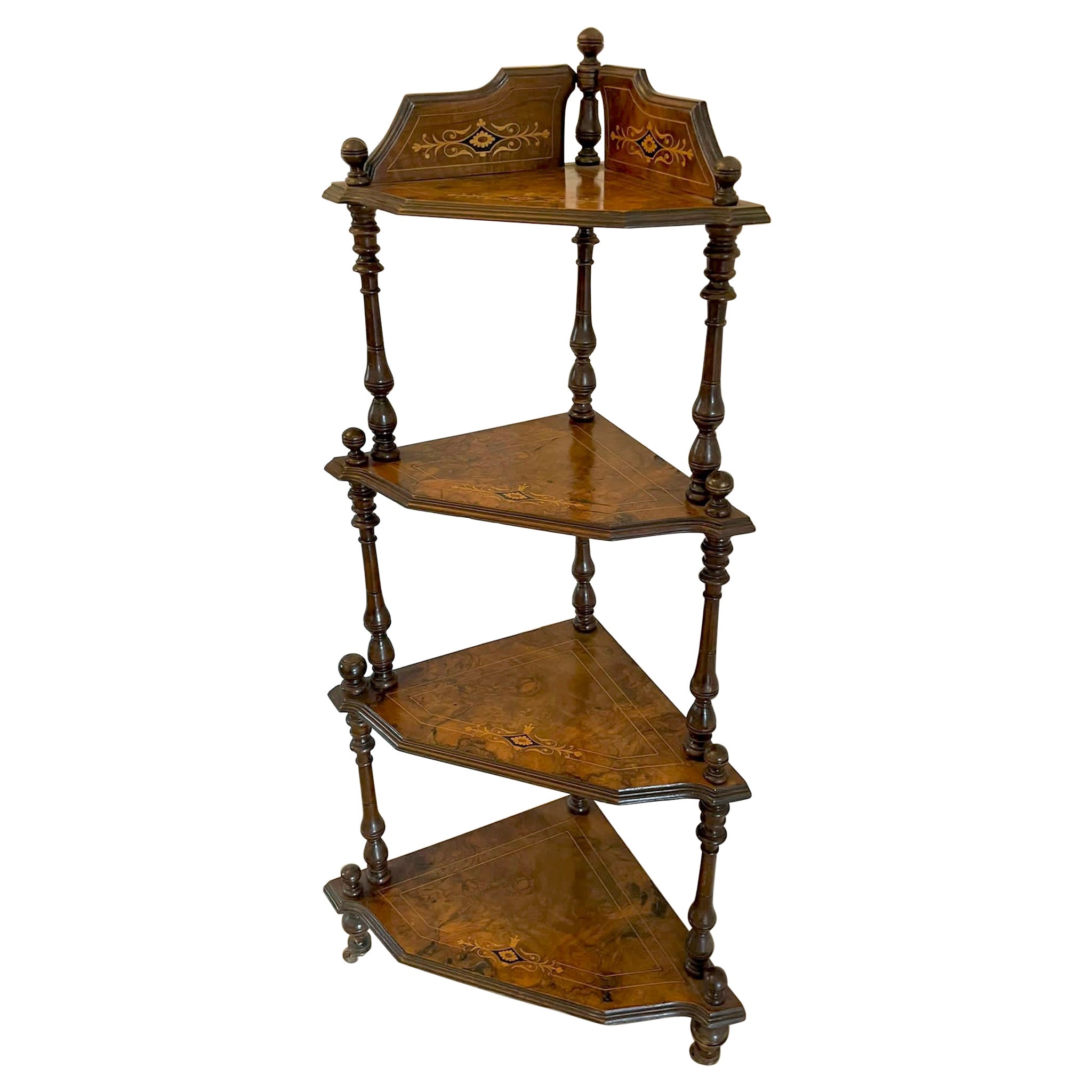 Quality Antique 19th Century Victorian Inlaid Walnut Four Tier Corner Whatnot For Sale