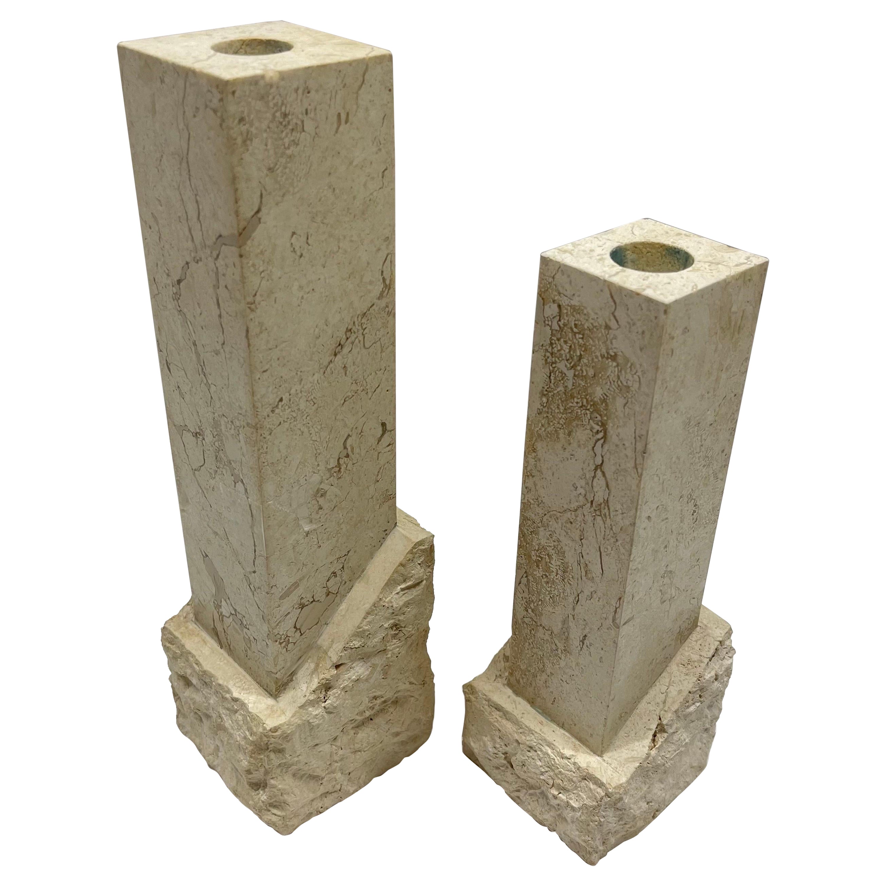 Pair of Post Modern Tessellated Travertine Candlesticks by Renoir Designs, 1990s For Sale