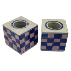 Pair of Dutch Delft Checkerboard Candlestick Holders in Blue, Pink, and Cream