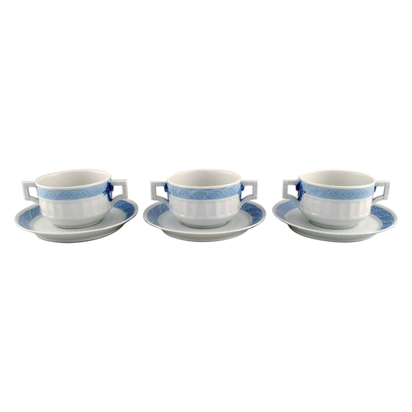 Three Royal Copenhagen Blue Fan Bouillon Cups with Saucers For Sale