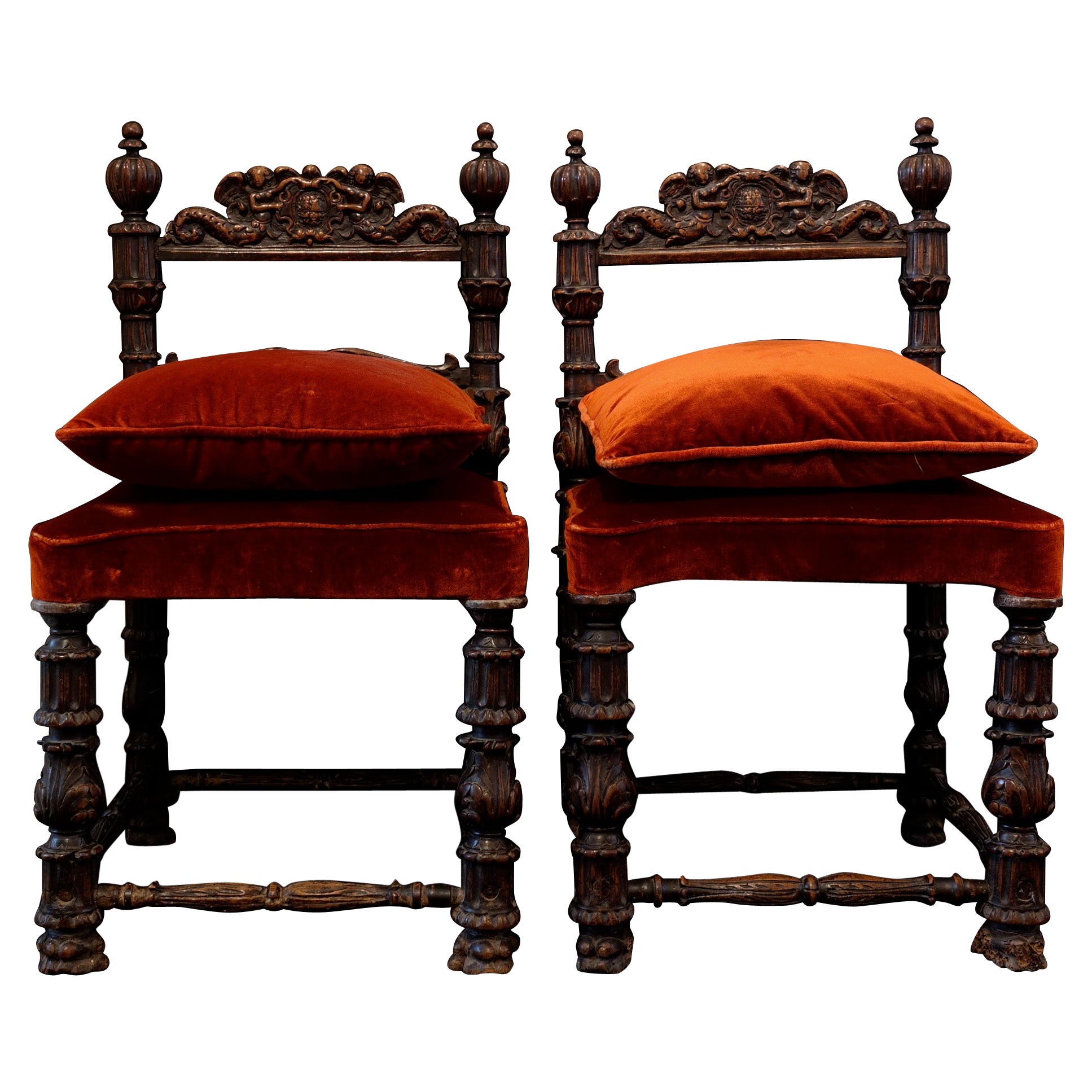 Pair of Wooden Chairs, Lombardy, 17th Century For Sale