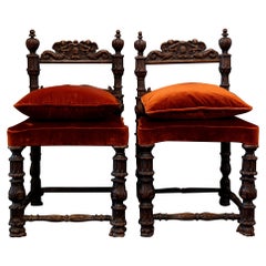 Antique Pair of Wooden Chairs, Lombardy, 17th Century