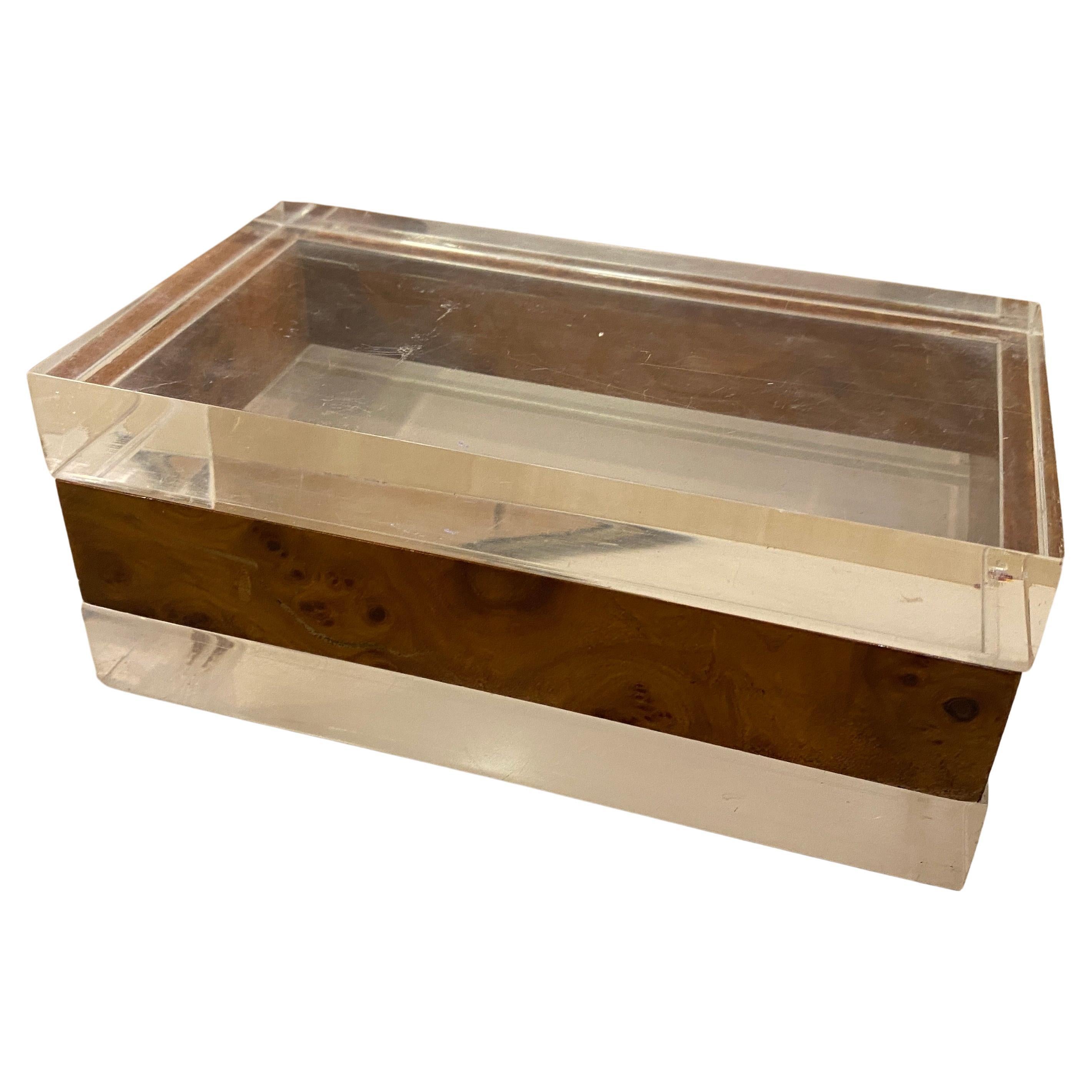 Caja rectangular italiana de plexiglás transparente y nogal, moderna de mediados de siglo de los 80