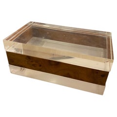 Caja rectangular italiana de plexiglás transparente y nogal, moderna de mediados de siglo de los 80