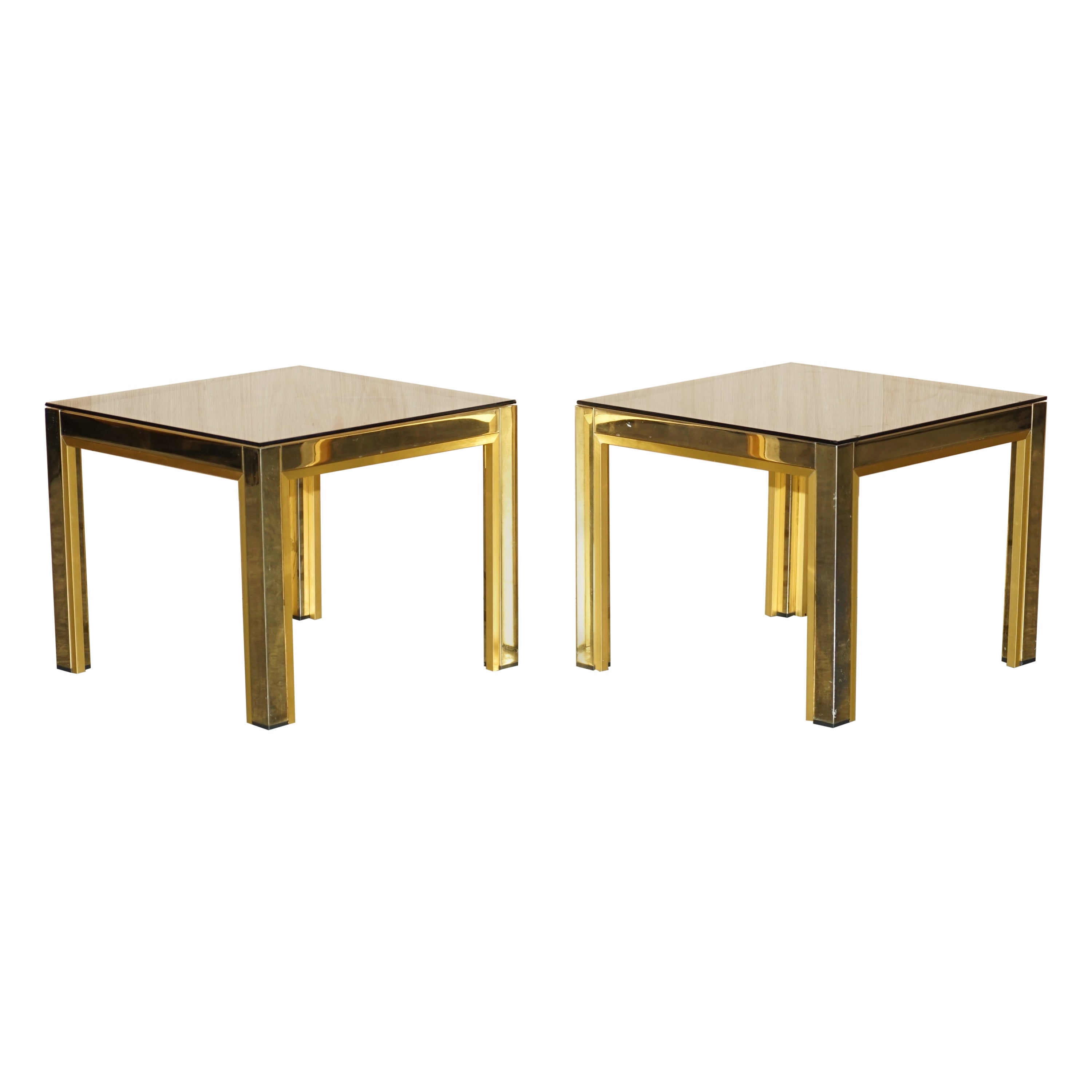 Pair of circa 1950's Mid-Century Modern Brass & Glass Side Tables Part Suite For Sale