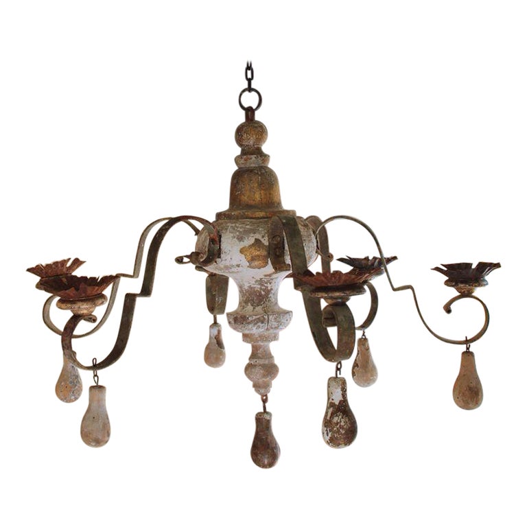 19th c. French Wood and Wrought Iron SixArm Painted Candle Chandelier