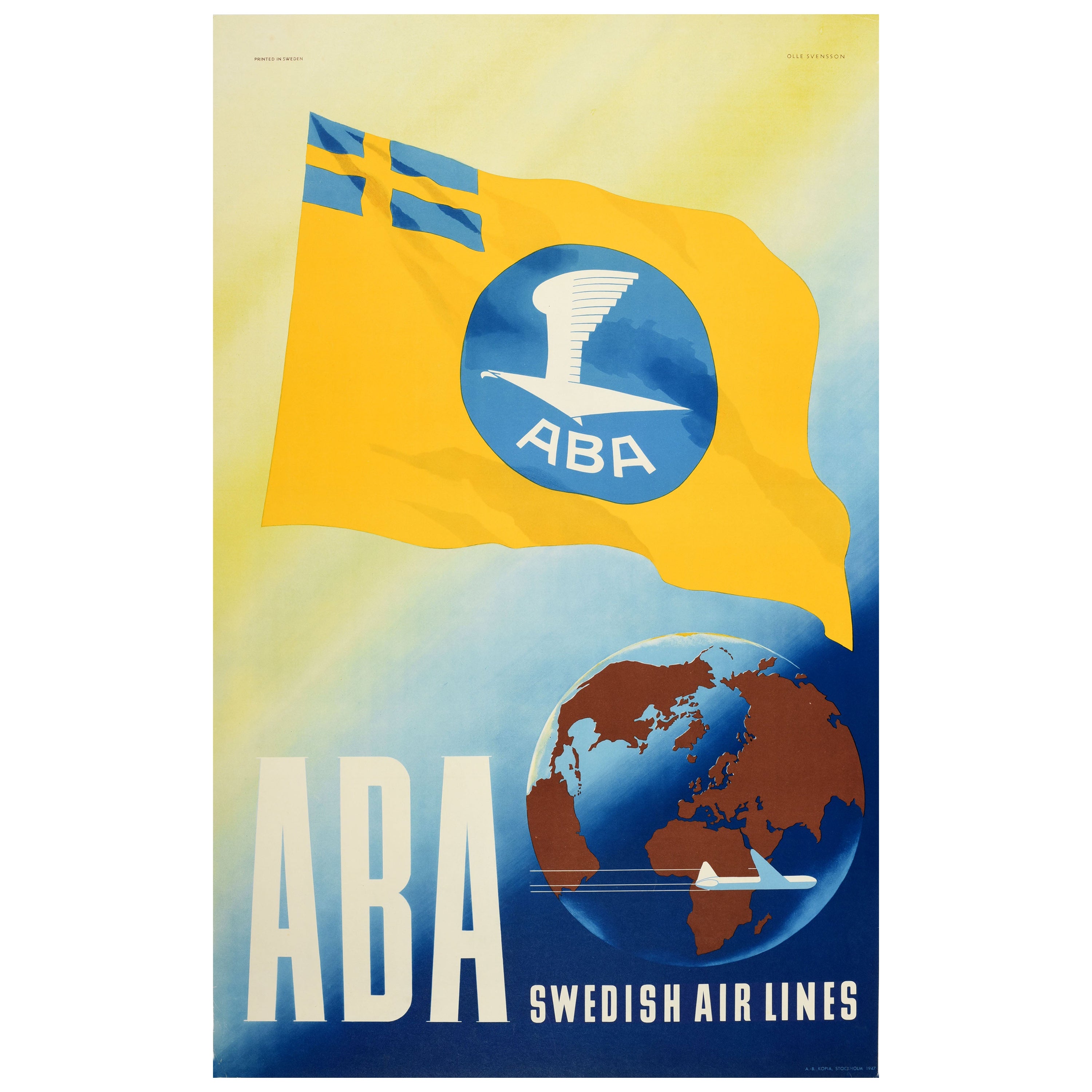 Affiche publicitaire originale de voyage vintage ABA, Compagnie aérienne suédoise Olle Svensson